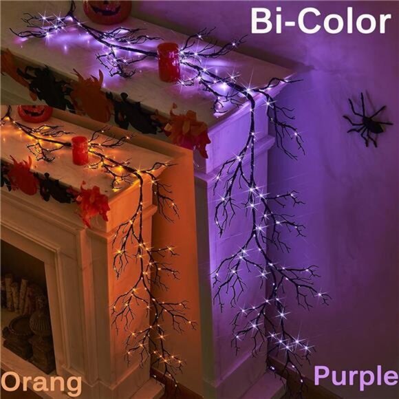 6FT Halloween Garland w/ 120 Orange & Purple Lights-8 Functions,Battery Operated - Picture 5 of 7